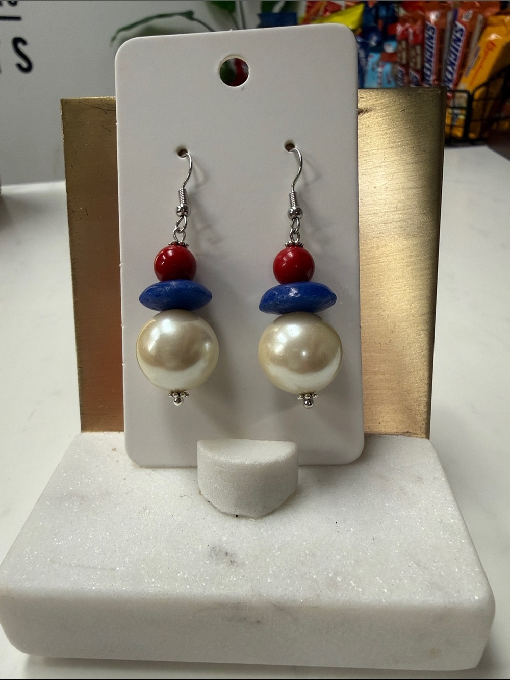 Women’s Pearl Drop Earrings with Red and Blue Accents- for the Independence Day!